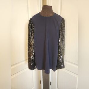 J. Crew Navy Top with Black Sequin Sleeve Size Medium
